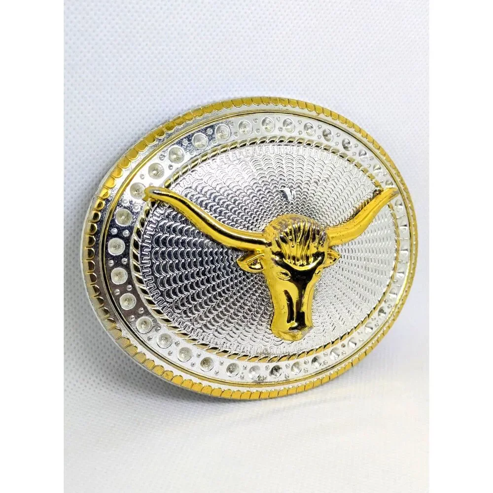 Unisex Vintage Western Longhorn Gold & Silver Two Tone Belt Buckle